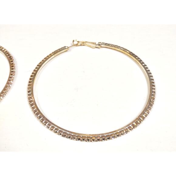 Large Sparkly Rhinestone Silver Tone Hoop Earrings 3" for Pierced Ears Leverback - Picture 7 of 9